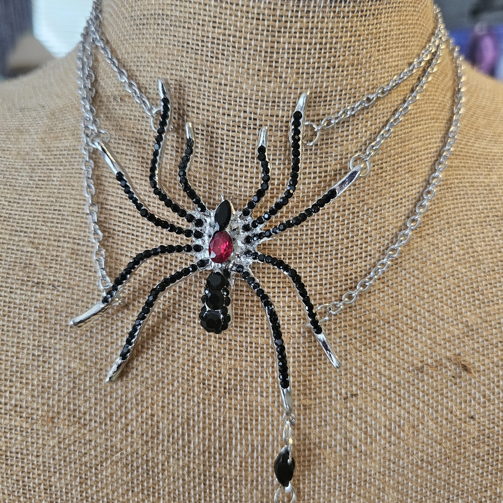 Gothic Silver and Black Spider Necklace with Red Gem